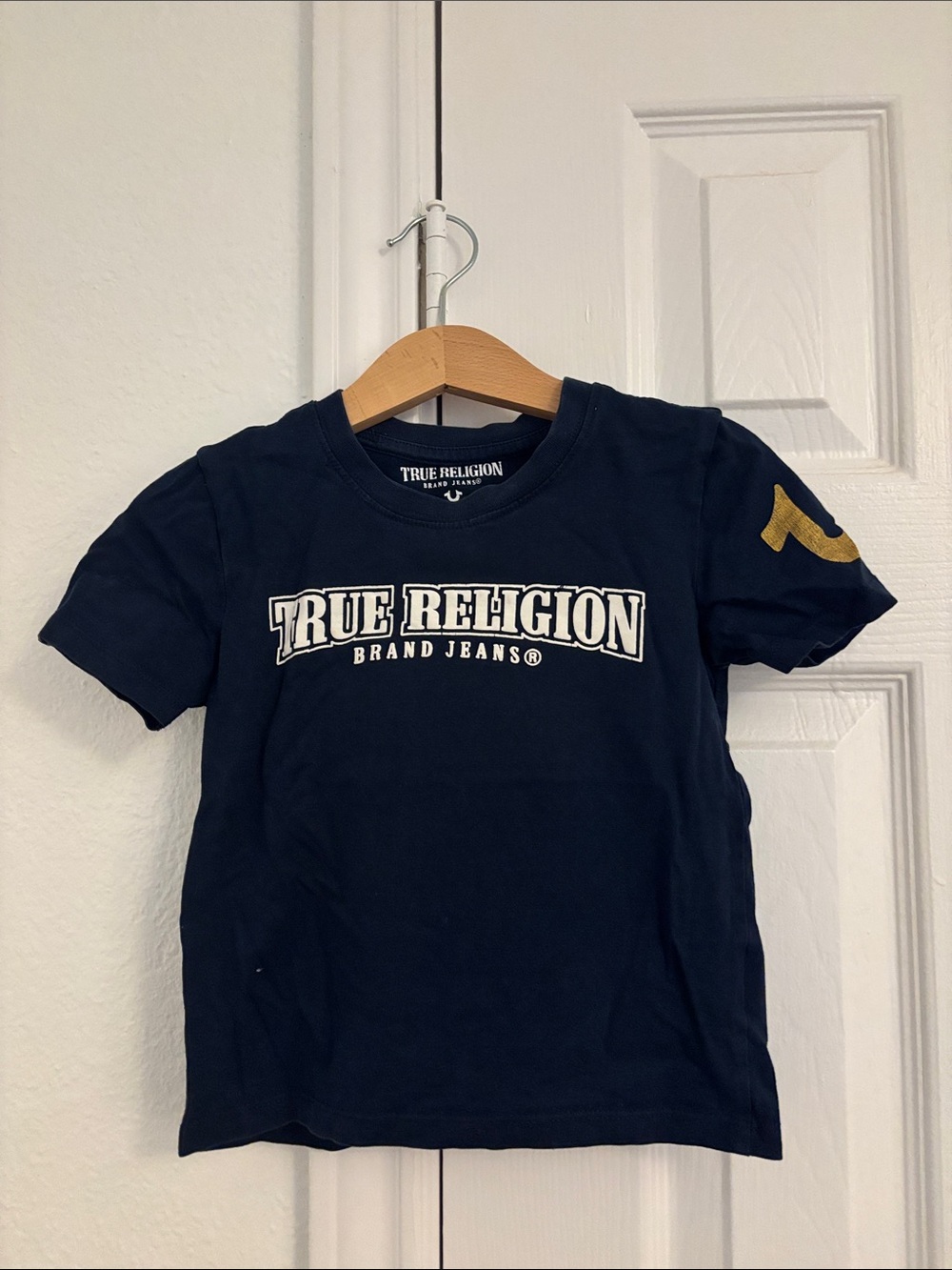 True Religion Navy Tee with White Logo and Gold Accent